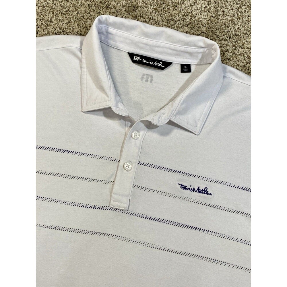 TravisMathew Golf Polo Mens XL White Navy Stripe Pima Cotton Performance